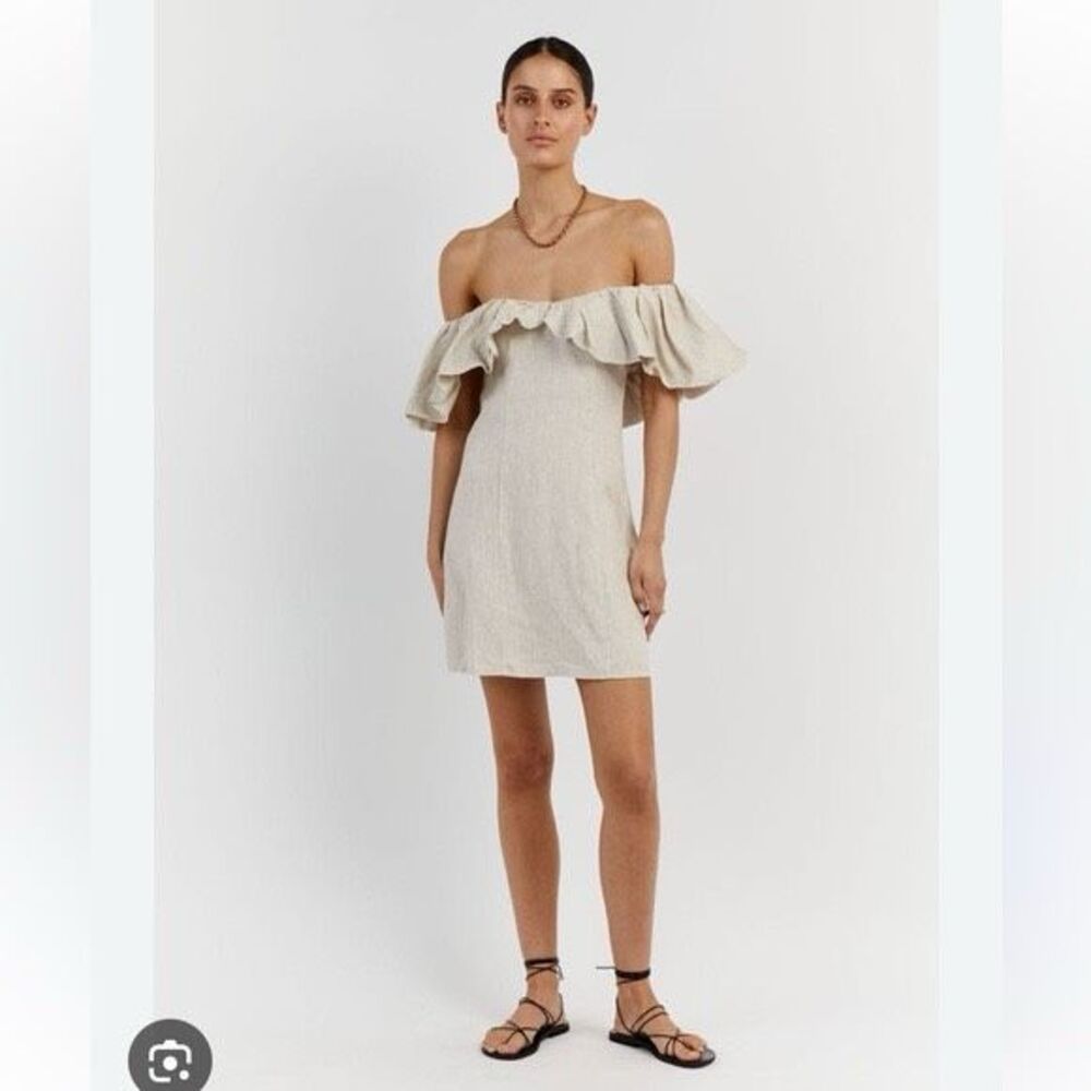 DISSH Isabelle 100% Linen Mini Dress Natural Off Shoulder Ruffle US 8 NWT